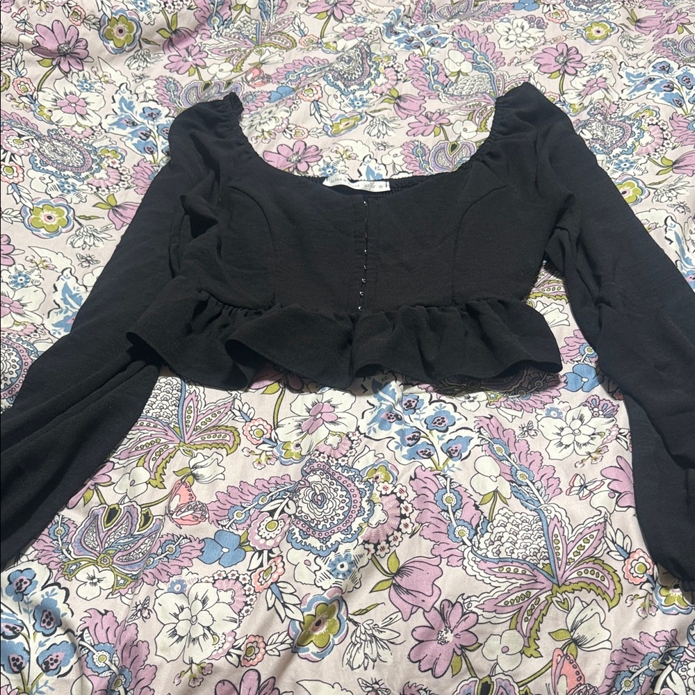 Altar'd State Black Ruffle Hem Long-Sleeve Crop Top